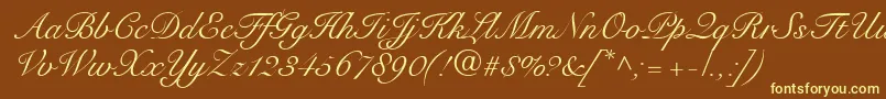 SnellRoundhandScript-fontti – keltaiset fontit ruskealla taustalla