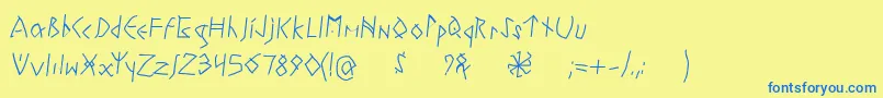 フォントRuneswritten – 青い文字が黄色の背景にあります。