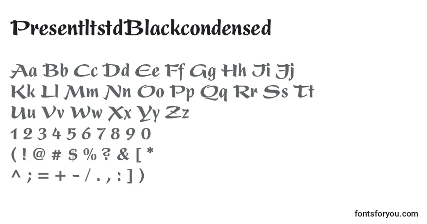 A fonte PresentltstdBlackcondensed – alfabeto, números, caracteres especiais