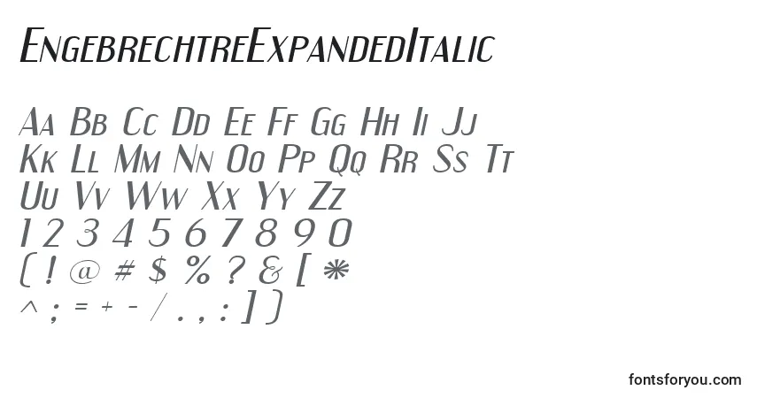 Czcionka EngebrechtreExpandedItalic – alfabet, cyfry, specjalne znaki