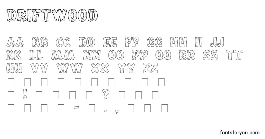 Czcionka Driftwood – alfabet, cyfry, specjalne znaki