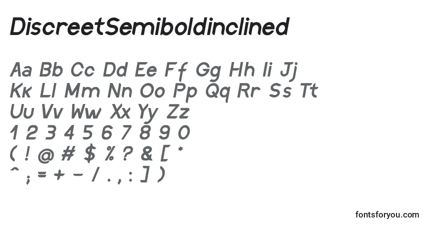 Czcionka DiscreetSemiboldinclined – alfabet, cyfry, specjalne znaki