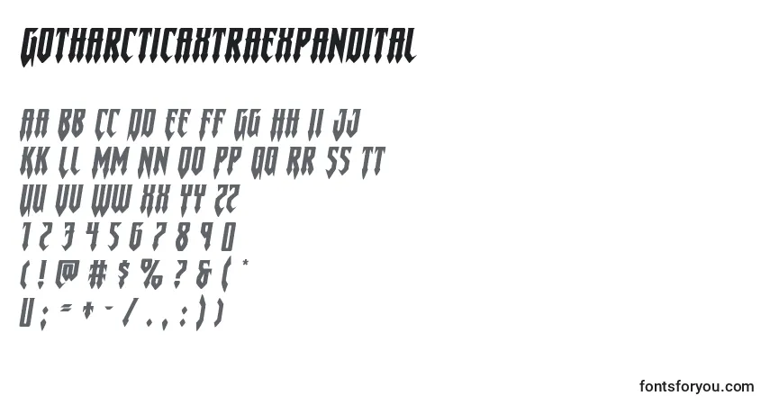 Czcionka Gotharcticaxtraexpandital – alfabet, cyfry, specjalne znaki