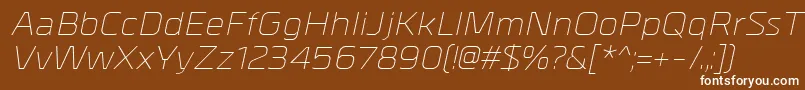 MetrikLightitalic-Schriftart – Weiße Schriften auf braunem Hintergrund