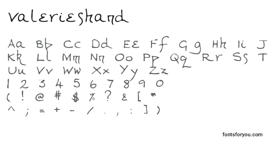 Czcionka Valerieshand – alfabet, cyfry, specjalne znaki
