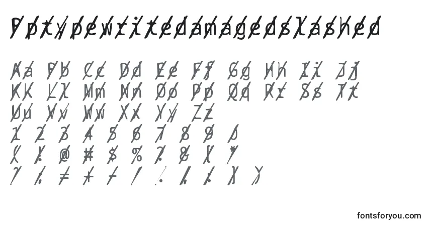 Czcionka Bptypewritedamagedslashed – alfabet, cyfry, specjalne znaki