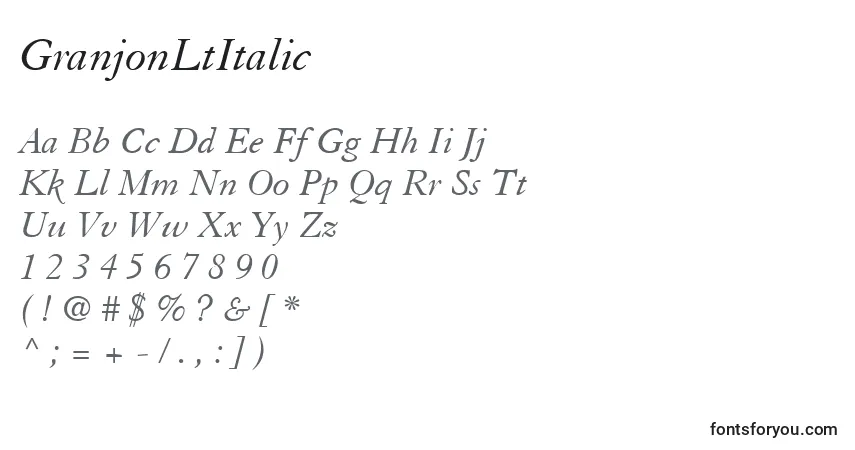 A fonte GranjonLtItalic – alfabeto, números, caracteres especiais