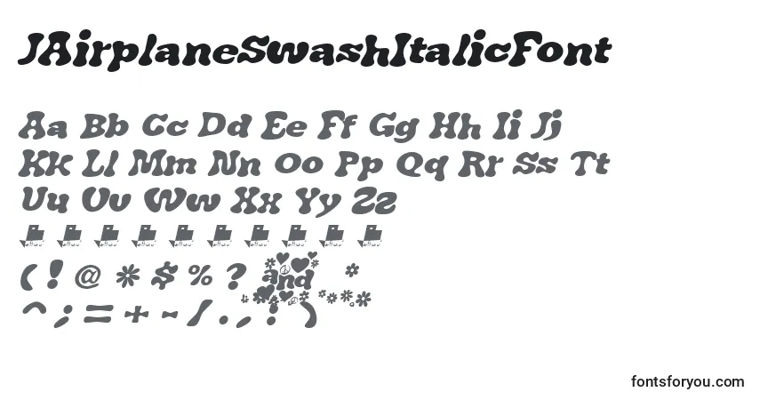 Czcionka JAirplaneSwashItalicFont – alfabet, cyfry, specjalne znaki