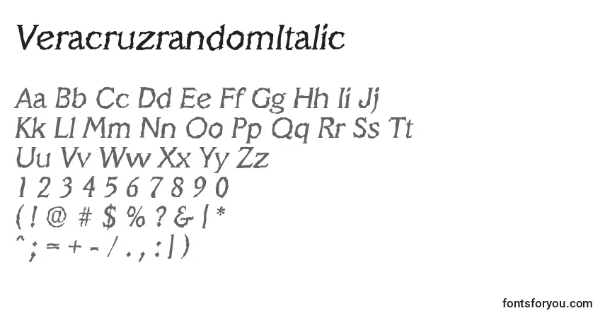 A fonte VeracruzrandomItalic – alfabeto, números, caracteres especiais