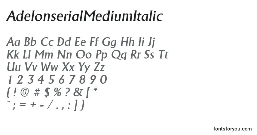 Schriftart AdelonserialMediumItalic – Alphabet, Zahlen, spezielle Symbole