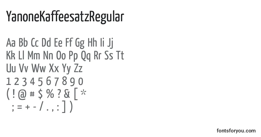 Шрифт YanoneKaffeesatzRegular – алфавит, цифры, специальные символы