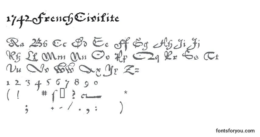 A fonte 1742FrenchCivilite – alfabeto, números, caracteres especiais