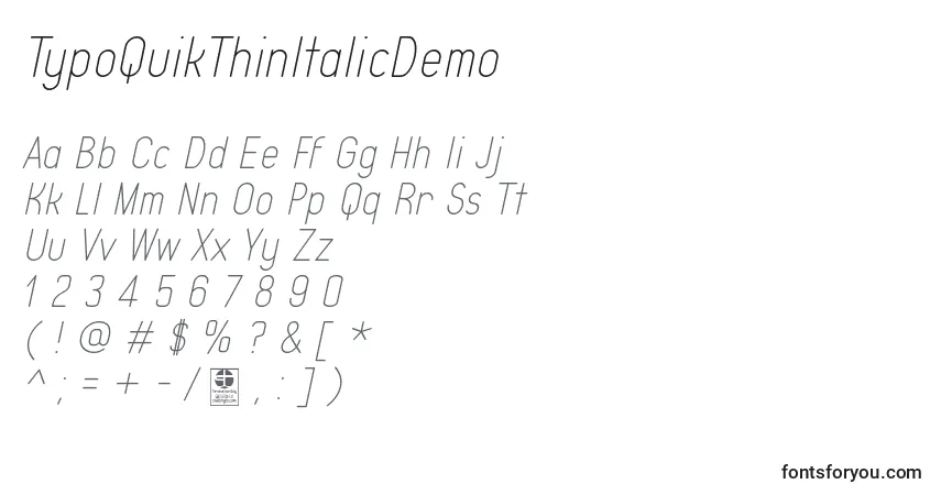 Czcionka TypoQuikThinItalicDemo – alfabet, cyfry, specjalne znaki