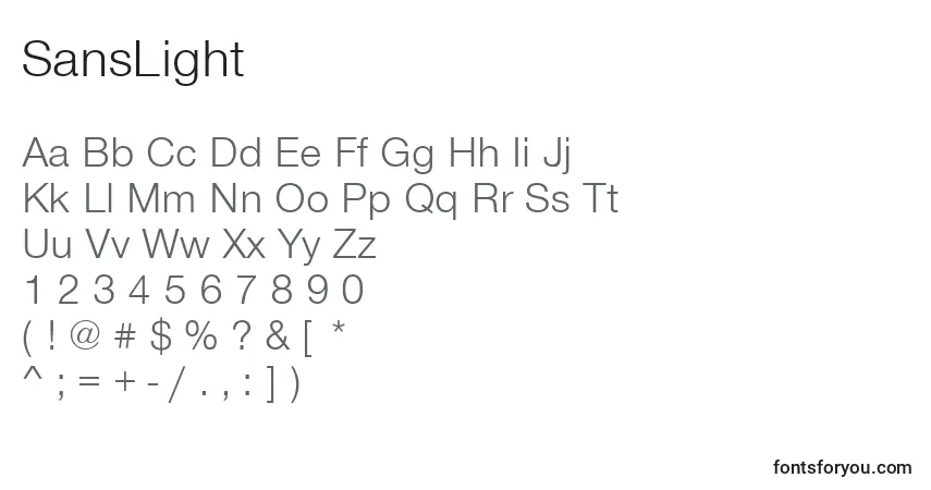 A fonte SansLight – alfabeto, números, caracteres especiais