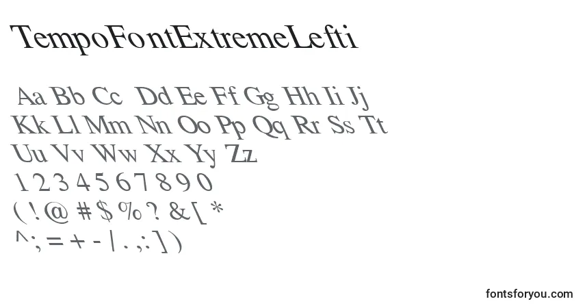 Schriftart TempoFontExtremeLefti – Alphabet, Zahlen, spezielle Symbole