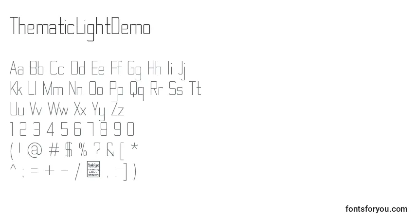 Шрифт ThematicLightDemo – алфавит, цифры, специальные символы