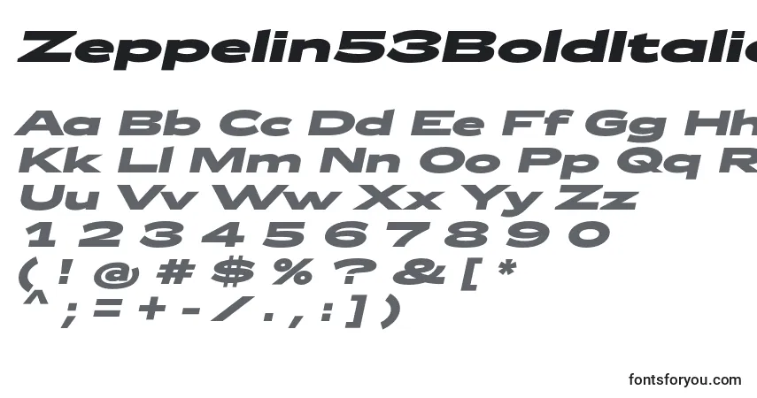 Шрифт Zeppelin53BoldItalic – алфавит, цифры, специальные символы