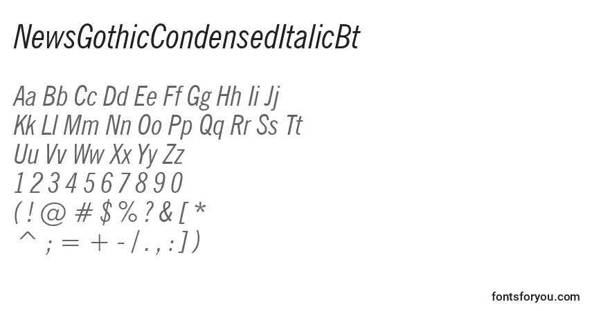 Шрифт NewsGothicCondensedItalicBt – алфавит, цифры, специальные символы