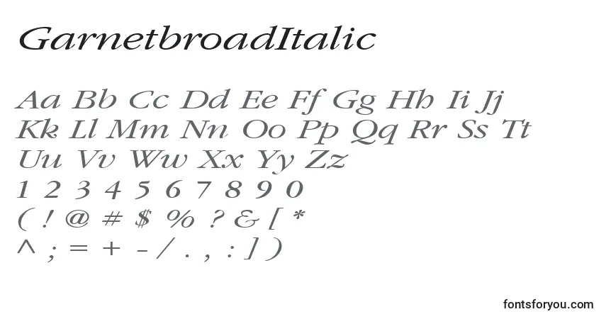 Czcionka GarnetbroadItalic – alfabet, cyfry, specjalne znaki
