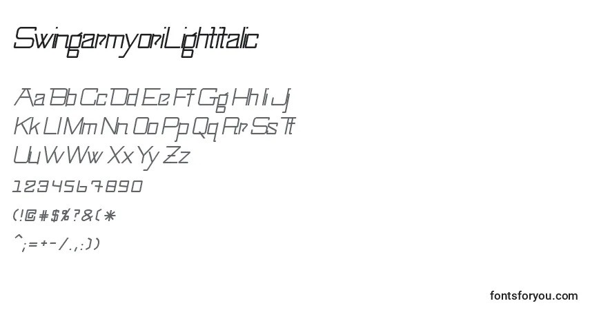 Schriftart SwingarmyoriLightitalic – Alphabet, Zahlen, spezielle Symbole