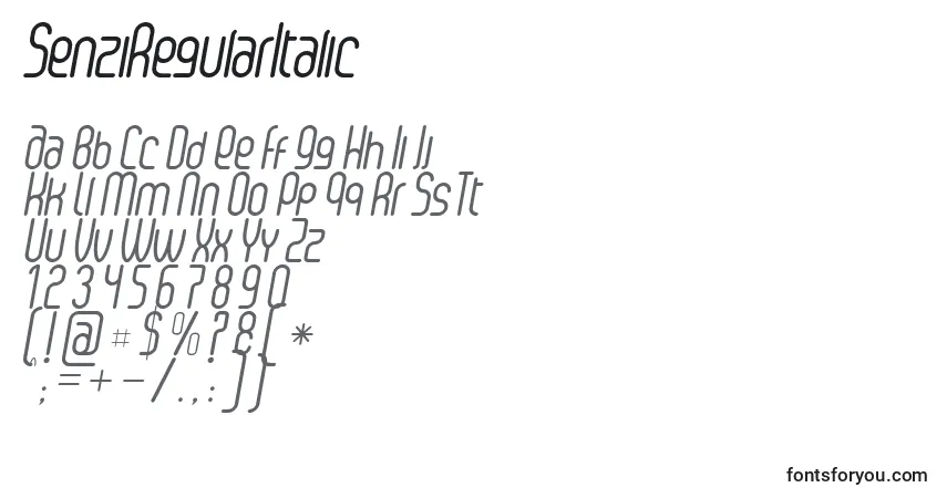 Schriftart SenziRegularItalic – Alphabet, Zahlen, spezielle Symbole