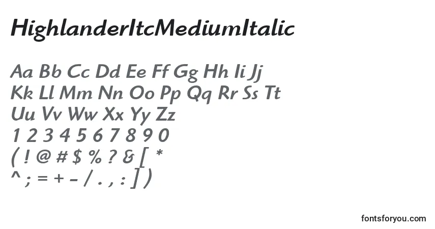 A fonte HighlanderItcMediumItalic – alfabeto, números, caracteres especiais