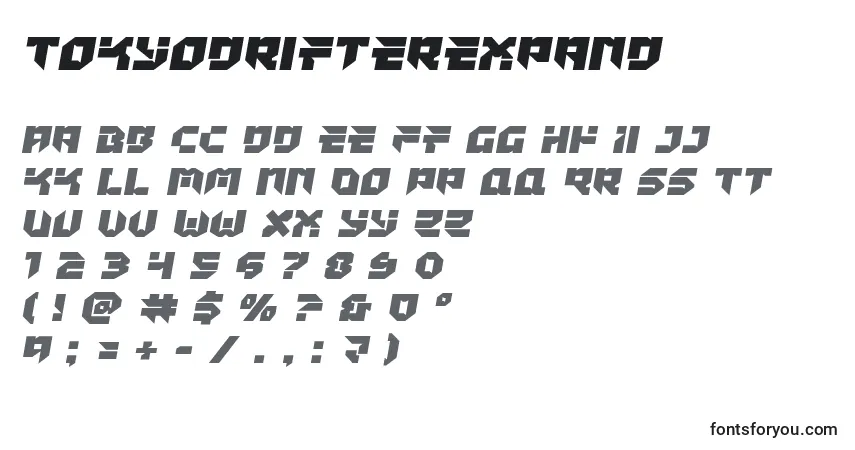 Czcionka Tokyodrifterexpand – alfabet, cyfry, specjalne znaki