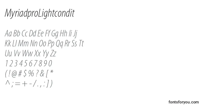 Czcionka MyriadproLightcondit – alfabet, cyfry, specjalne znaki