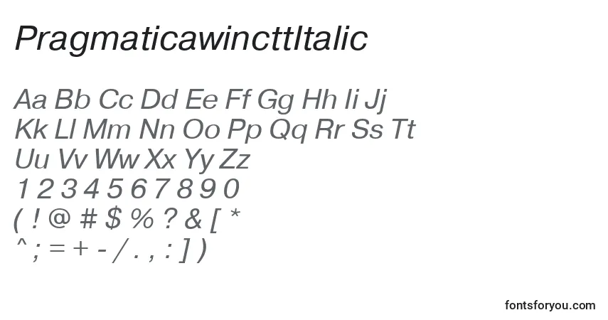 A fonte PragmaticawincttItalic – alfabeto, números, caracteres especiais