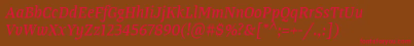 フォントTangerserifnarrowItalic – 赤い文字が茶色の背景にあります。