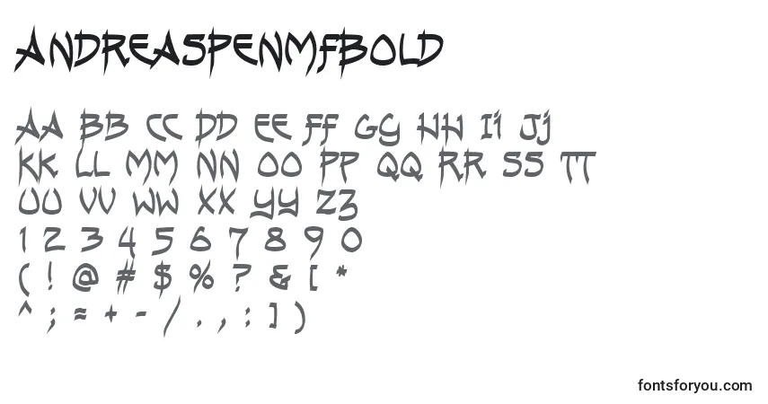 Czcionka AndreasPenMfBold – alfabet, cyfry, specjalne znaki