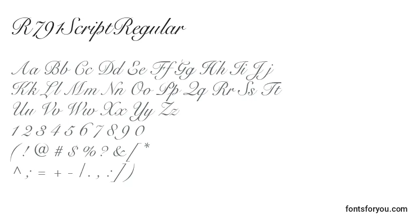 Police R791ScriptRegular - Alphabet, Chiffres, Caractères Spéciaux