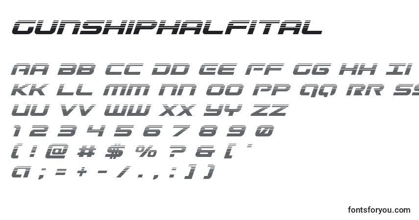 Czcionka Gunshiphalfital – alfabet, cyfry, specjalne znaki