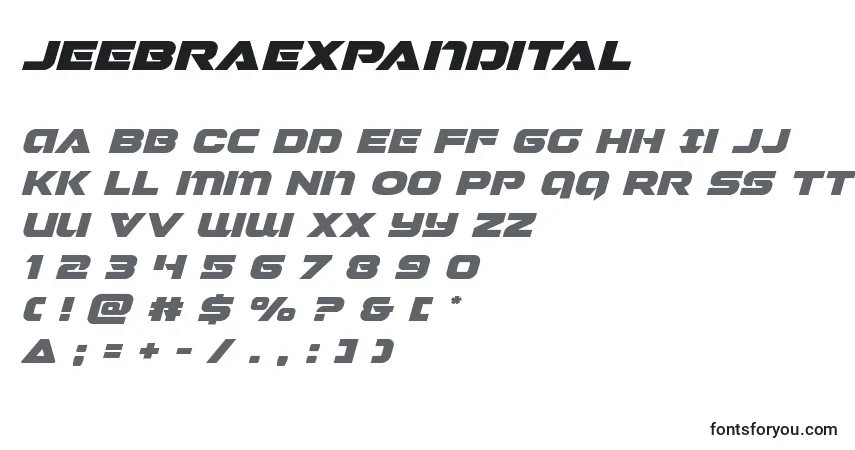 Schriftart Jeebraexpandital – Alphabet, Zahlen, spezielle Symbole