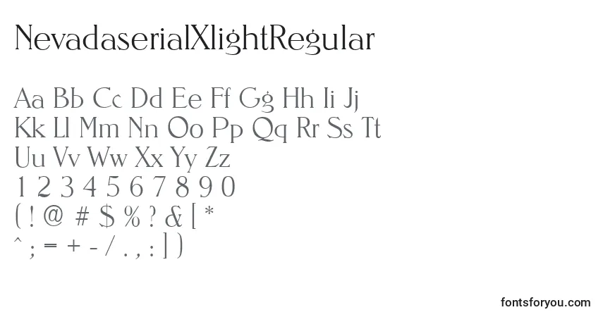A fonte NevadaserialXlightRegular – alfabeto, números, caracteres especiais