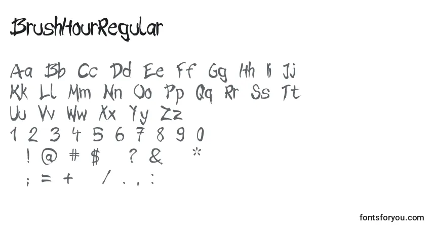 Czcionka BrushHourRegular – alfabet, cyfry, specjalne znaki
