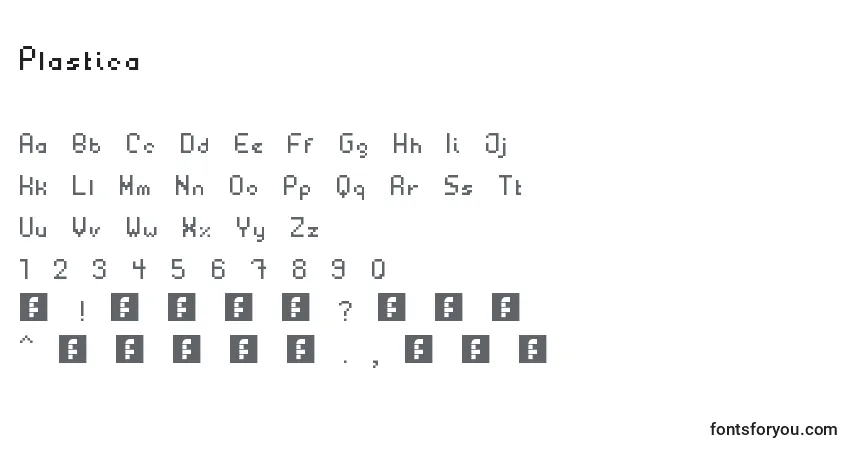 Czcionka Plastica – alfabet, cyfry, specjalne znaki