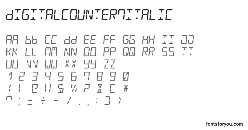 A fonte DigitalCounter7Italic – alfabeto, números, caracteres especiais