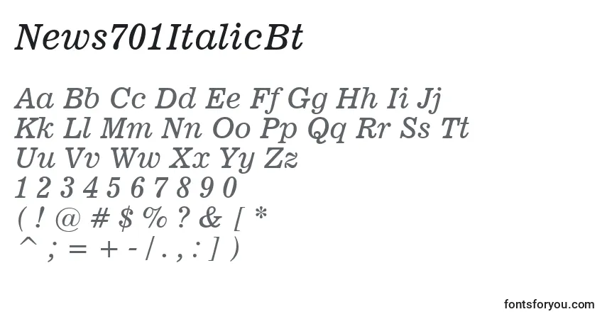 A fonte News701ItalicBt – alfabeto, números, caracteres especiais