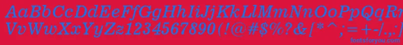 Fonte News701ItalicBt – fontes azuis em um fundo vermelho