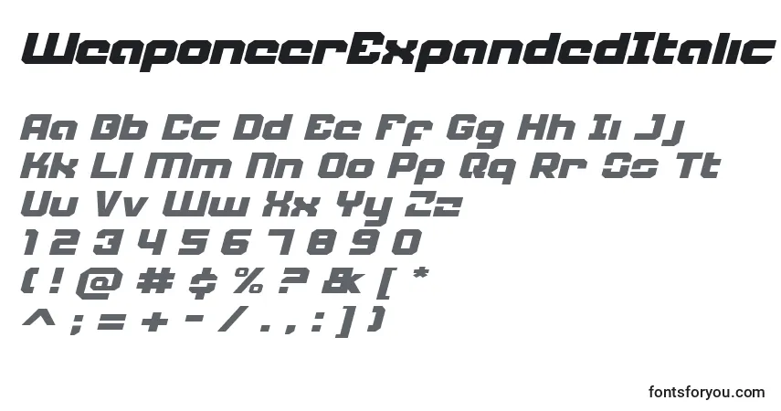 Czcionka WeaponeerExpandedItalic – alfabet, cyfry, specjalne znaki