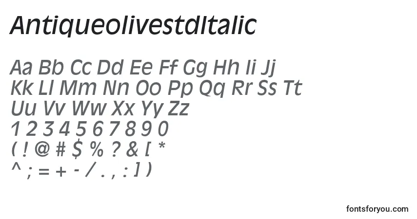 Шрифт AntiqueolivestdItalic – алфавит, цифры, специальные символы
