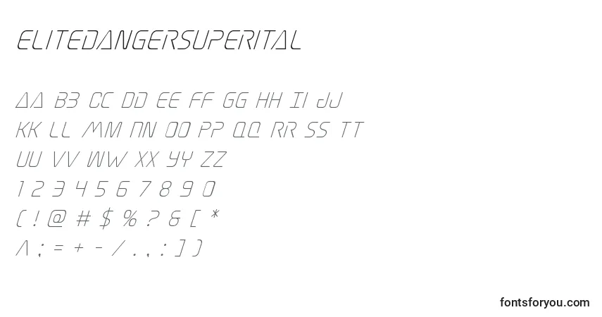 Czcionka Elitedangersuperital – alfabet, cyfry, specjalne znaki