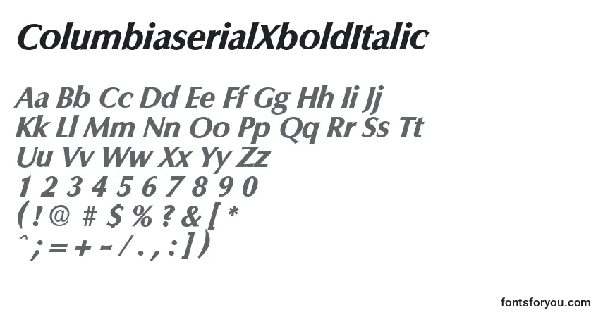 Czcionka ColumbiaserialXboldItalic – alfabet, cyfry, specjalne znaki