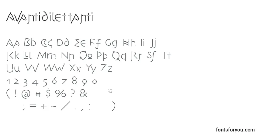 A fonte Avantidilettanti – alfabeto, números, caracteres especiais