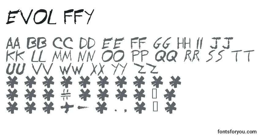 A fonte Evol ffy – alfabeto, números, caracteres especiais