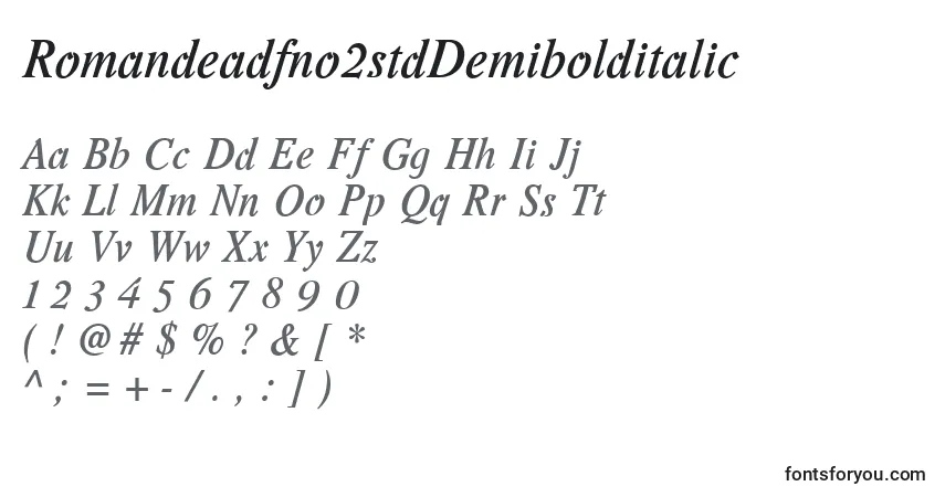 Czcionka Romandeadfno2stdDemibolditalic (96679) – alfabet, cyfry, specjalne znaki