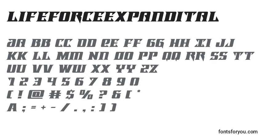 A fonte Lifeforceexpandital – alfabeto, números, caracteres especiais