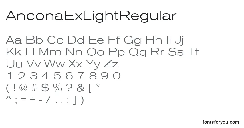 Czcionka AnconaExLightRegular – alfabet, cyfry, specjalne znaki