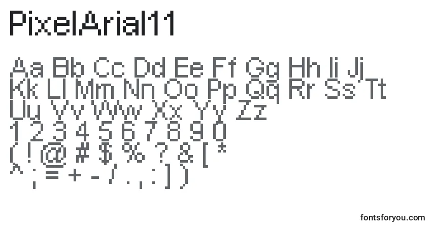 PixelArial11-fontti – aakkoset, numerot, erikoismerkit